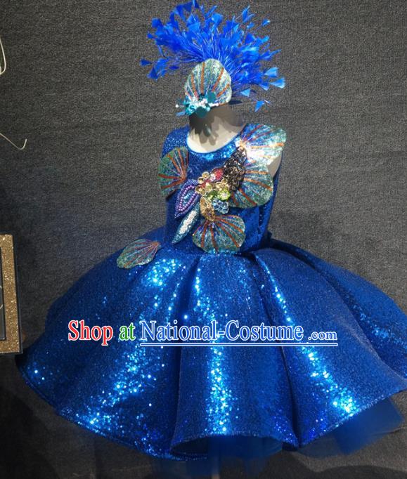 Top Grade Children Modern Dance Royalblue Short Dress Catwalks Stage Show Birthday Costume for Kids