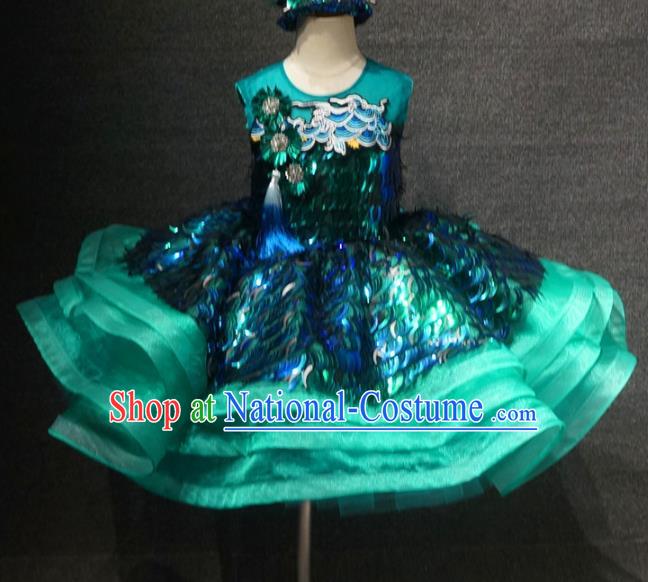 Top Grade Children Day Performance Green Sequins Short Dress Catwalks Stage Show Birthday Costume for Kids