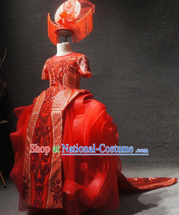 Traditional Chinese Compere Embroidered Red Dress Catwalks Stage Show Costume for Kids