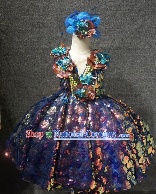 Top Grade Children Day Performance Deep Blue Sequins Short Dress Catwalks Stage Show Birthday Costume for Kids