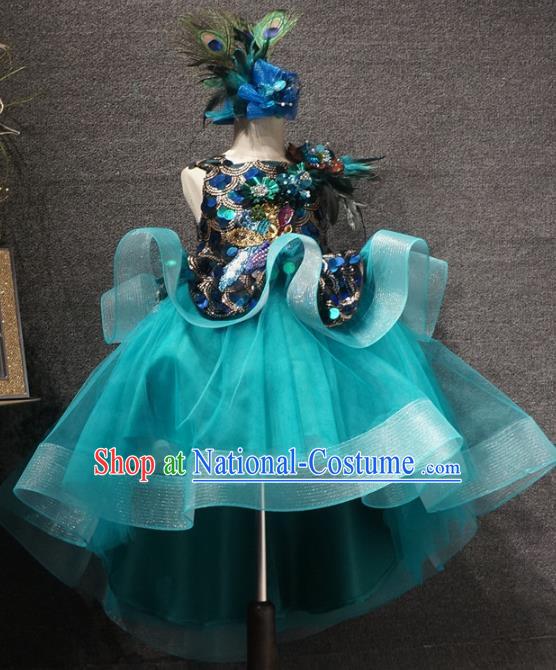 Top Grade Children Day Performance Green Short Dress Catwalks Stage Show Birthday Costume for Kids