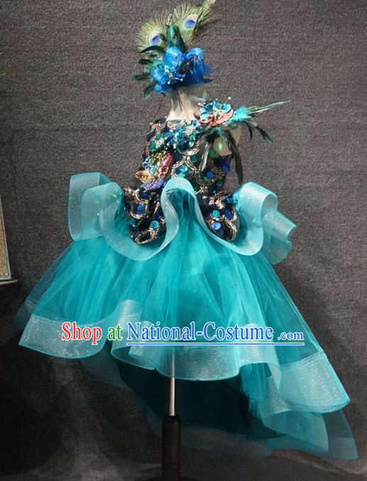 Top Grade Children Day Performance Green Short Dress Catwalks Stage Show Birthday Costume for Kids