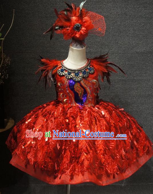 Traditional Chinese Compere Red Feather Short Dress Catwalks Stage Show Costume for Kids