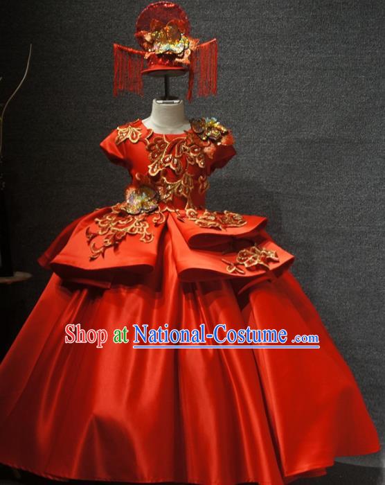 Traditional Chinese New Year Compere Red Full Dress Catwalks Stage Show Costume for Kids