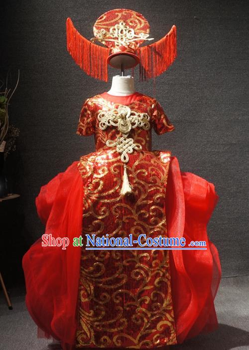 Traditional Chinese New Year Embroidered Red Full Dress Catwalks Stage Show Costume for Kids