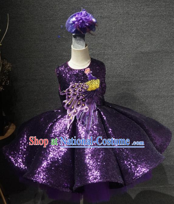 Top Grade Children Day Performance Embroidered Peacock Purple Short Dress Catwalks Stage Show Birthday Costume for Kids