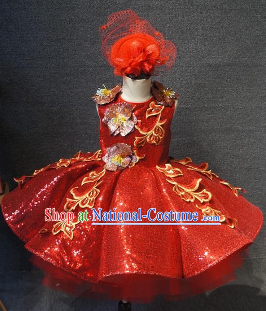 Top Grade Children Day Dance Performance Red Short Dress Catwalks Stage Show Birthday Costume for Kids