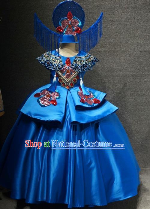 Traditional Chinese Compere Royalblue Full Dress Catwalks Stage Show Costume for Kids