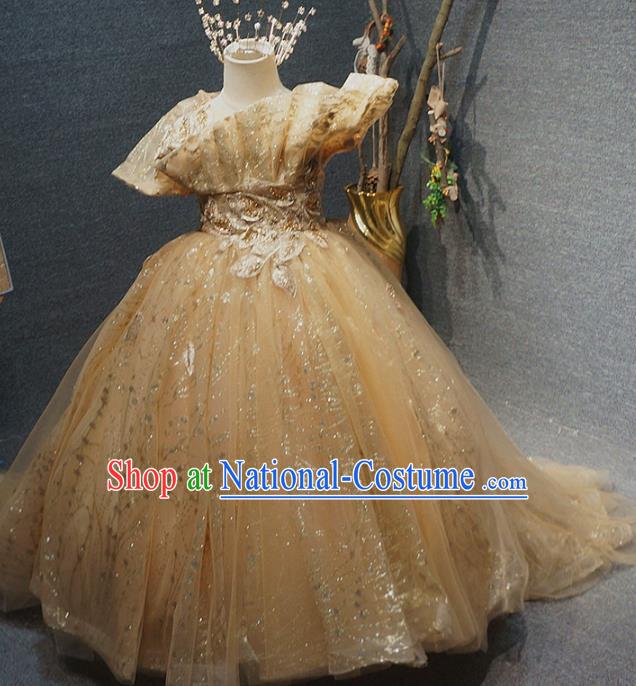 Top Children Compere Champagne Full Dress Catwalks Princess Stage Show Birthday Costume for Kids