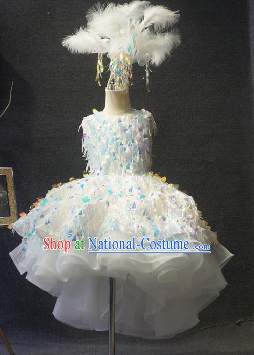 Top Grade Children Day Dance Performance Sequins White Dress Catwalks Stage Show Birthday Costume for Kids