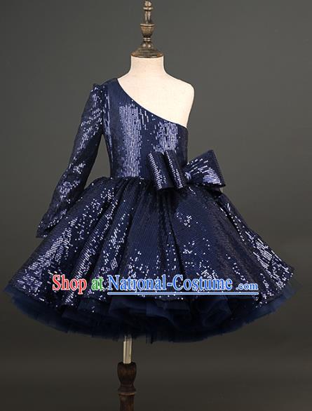 Top Children Compere Navy Short Full Dress Catwalks Princess Stage Show Dance Costume for Kids