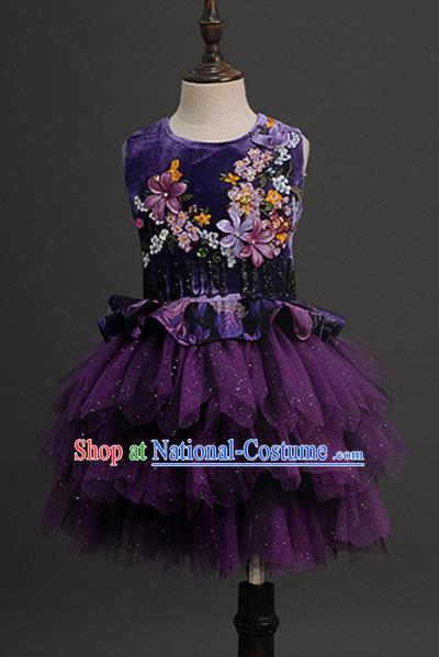 Top Children Compere Purple Veil Short Full Dress Catwalks Princess Stage Show Dance Costume for Kids