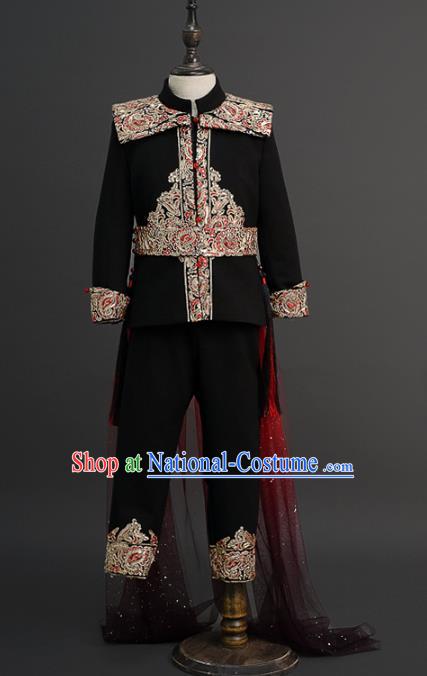 Traditional Chinese Children Catwalks Black Tang Suit Compere Stage Performance Costume for Kids