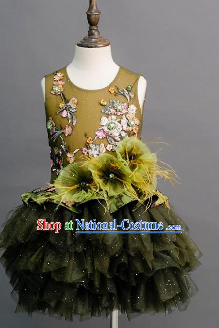 Top Children Compere Olive Green Short Full Dress Catwalks Princess Stage Show Dance Costume for Kids