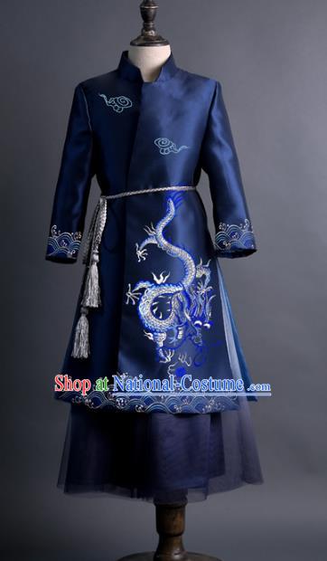 Traditional Chinese Children Classical Dance Embroidered Dragon Navy Tang Suit Compere Stage Performance Costume for Kids