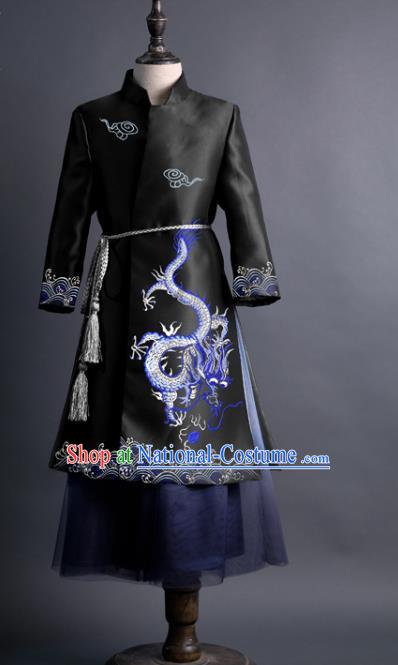 Traditional Chinese Children Classical Dance Embroidered Dragon Black Tang Suit Compere Stage Performance Costume for Kids