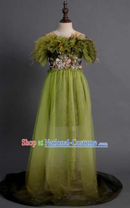 Top Children Princess Compere Green Full Dress Catwalks Stage Show Dance Costume for Kids