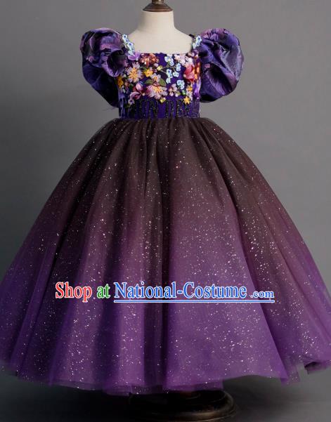 Top Children Princess Compere Purple Bubble Full Dress Catwalks Stage Show Dance Costume for Kids