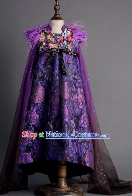 Top Children Princess Compere Purple Cloak Full Dress Catwalks Stage Show Dance Costume for Kids