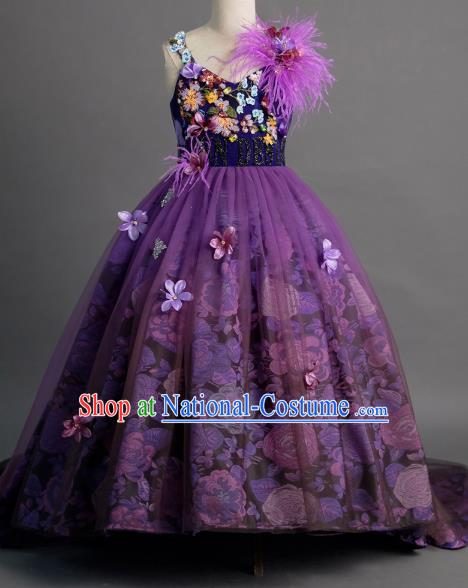 Top Children Fairy Princess Compere Purple Full Dress Catwalks Stage Show Dance Costume for Kids