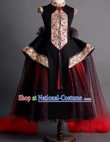 Traditional Chinese Catwalks Chorus Embroidered Black Full Dress Compere Stage Performance Costume for Kids