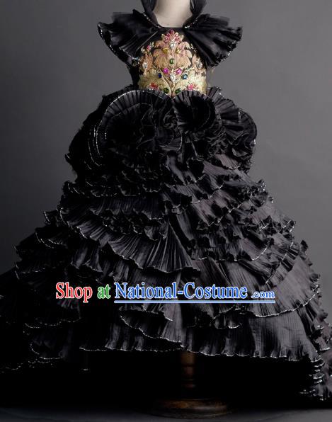 Top Children Cosplay Queen Black Full Dress Catwalks Compere Stage Show Dance Costume for Kids