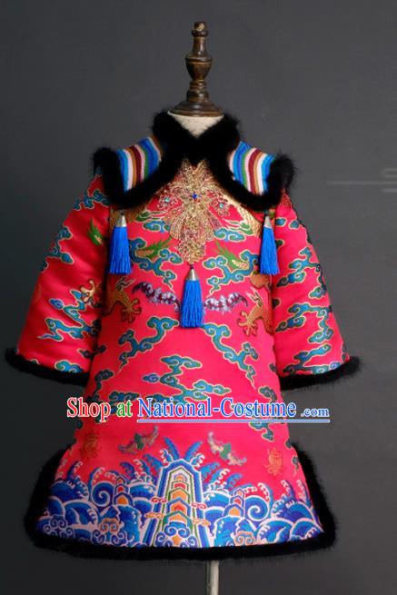 Traditional Chinese Catwalks Chorus Embroidered Rosy Qipao Dress Compere Stage Performance Costume for Kids