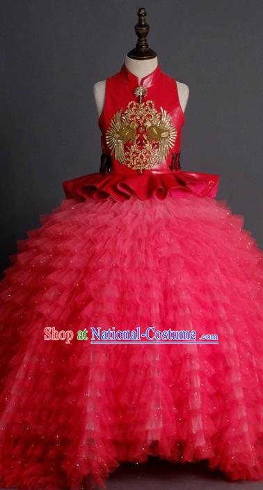 Traditional Chinese Catwalks Chorus Red Veil Trailing Qipao Dress Compere Stage Performance Costume for Kids