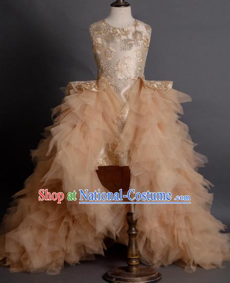 Top Children Compere Apricot Pink Veil Trailing Full Dress Catwalks Stage Show Dance Costume for Kids