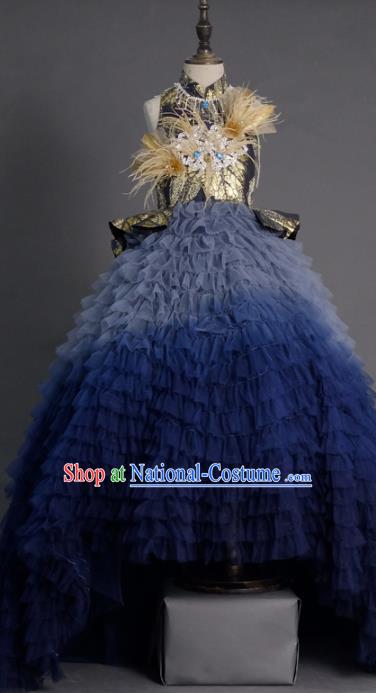 Top Children Compere Deep Blue Veil Trailing Full Dress Catwalks Stage Show Dance Costume for Kids