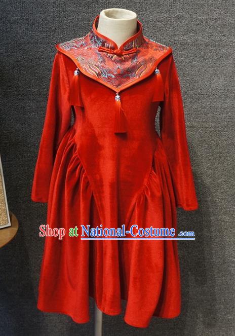 Traditional Chinese New Year Red Qipao Dress Catwalks Compere Stage Show Costume for Kids