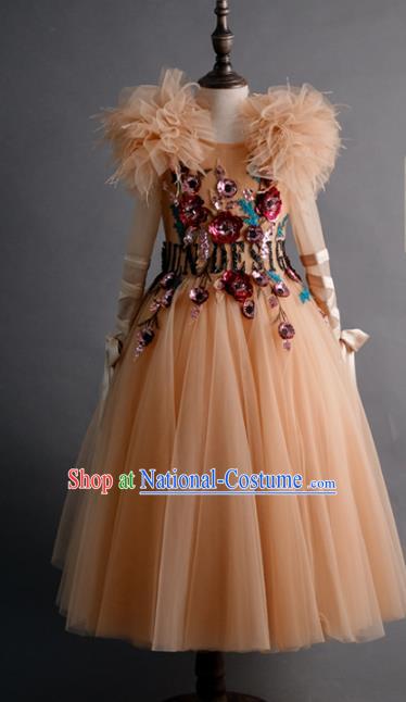 Top Children Compere Embroidered Apricot Full Dress Catwalks Stage Show Dance Costume for Kids