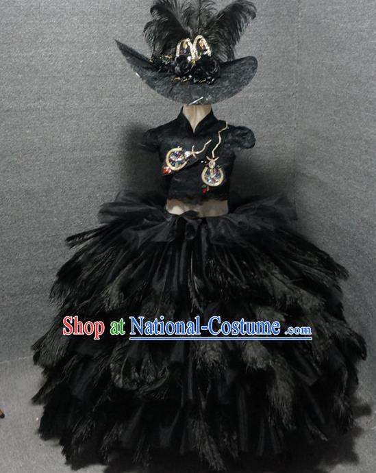 Top Children Piano Recital Black Feather Full Dress Catwalks Princess Stage Show Birthday Costume for Kids