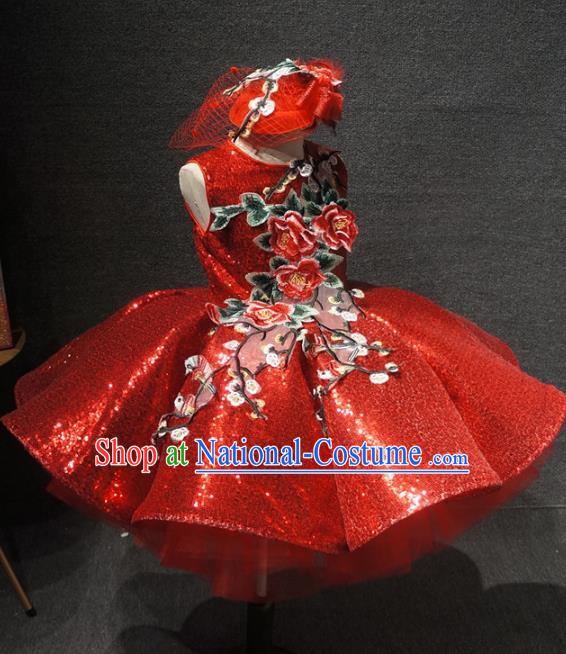 Top Children Day Dance Performance Embroidered Flowers Red Dress Catwalks Stage Show Birthday Costume for Kids