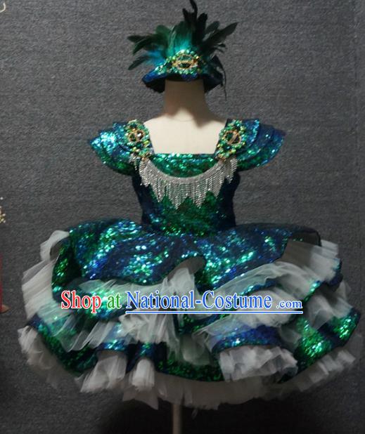 Top Children Piano Recital Green Sequins Short Dress Catwalks Princess Stage Show Birthday Costume for Kids