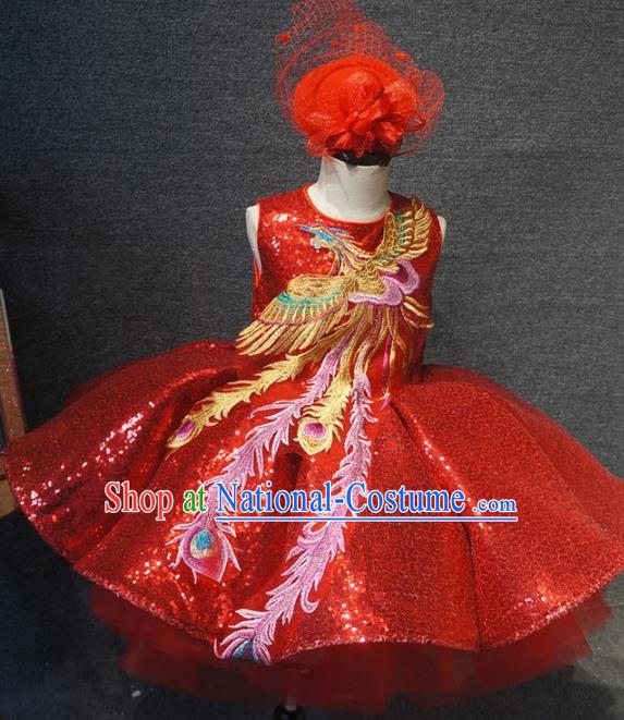 Top Children Day Dance Performance Embroidered Phoenix Red Dress Catwalks Stage Show Birthday Costume for Kids