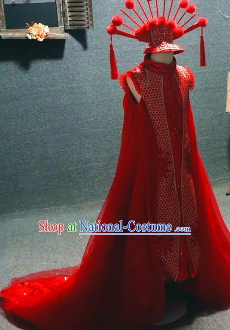 Traditional Chinese Catwalks Red Trailing Qipao Dress Compere Stage Performance Costume for Kids