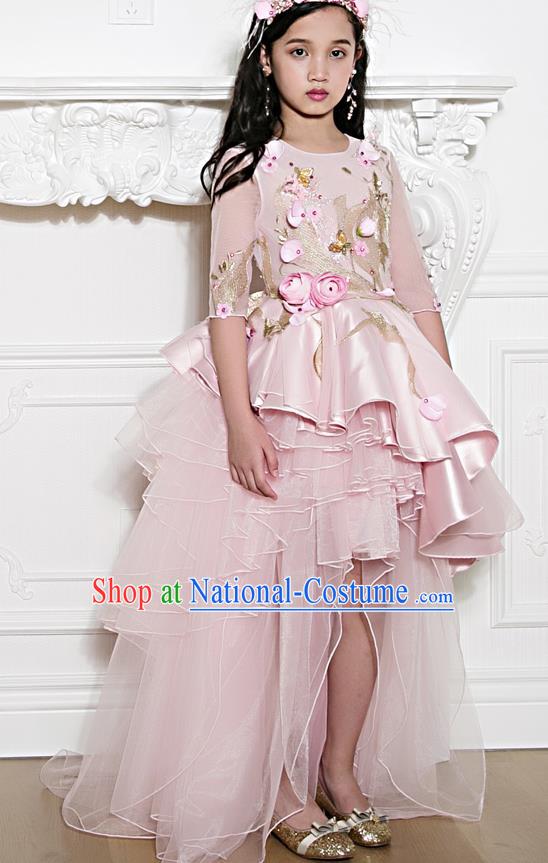 Top Children Fairy Princess Pink Trailing Full Dress Compere Catwalks Stage Show Dance Costume for Kids