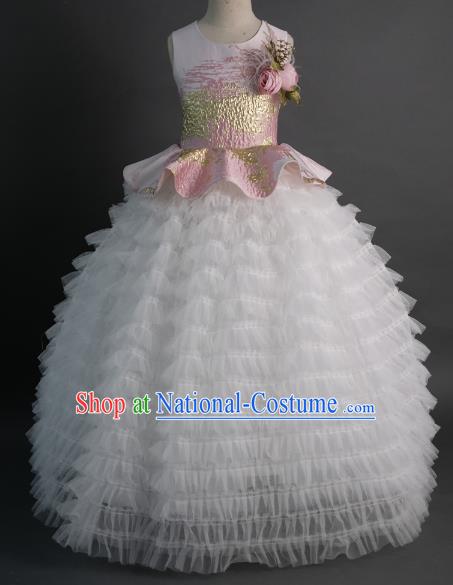 Top Children Fairy Princess Pink Feather Veil Full Dress Compere Catwalks Stage Show Dance Costume for Kids