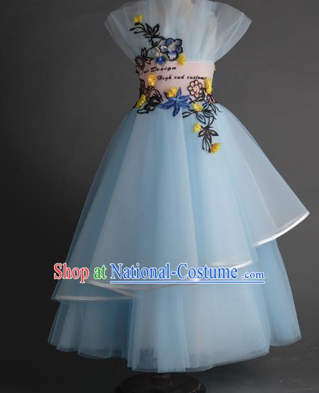 Top Children Fairy Princess Blue Veil Full Dress Compere Catwalks Stage Show Dance Costume for Kids