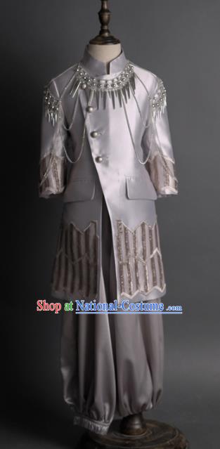 Traditional Chinese Children Grey Tang Suit Compere Classical Dance Stage Performance Costume for Kids