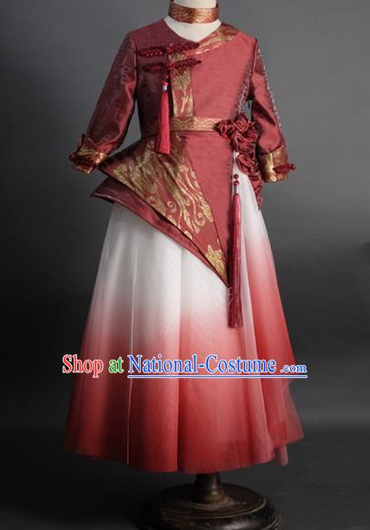 Traditional Chinese Catwalks Tang Suit Red Dress Compere Stage Performance Costume for Kids