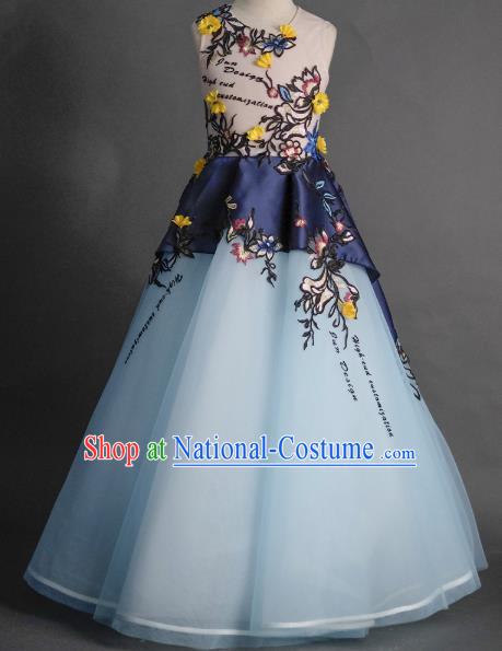 Top Children Fairy Princess Blue Veil Full Dress Compere Catwalks Stage Show Dance Costume for Kids