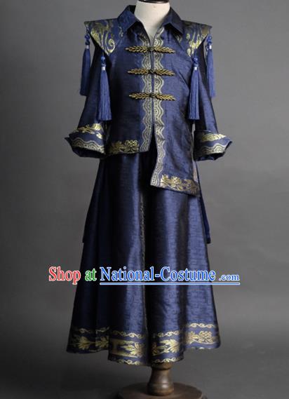 Traditional Chinese Children Embroidered Navy Tang Suit Compere Classical Dance Stage Performance Costume for Kids