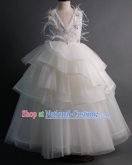 Top Children Flowers Fairy White Feather Veil Full Dress Compere Catwalks Stage Show Dance Costume for Kids