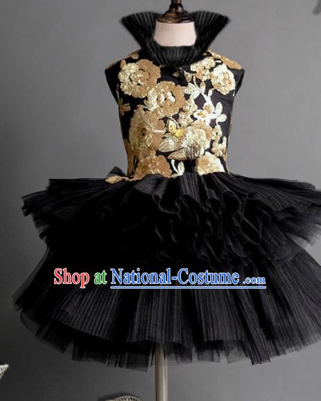 Top Children Fairy Princess Embroidered Black Veil Short Full Dress Compere Catwalks Stage Show Dance Costume for Kids