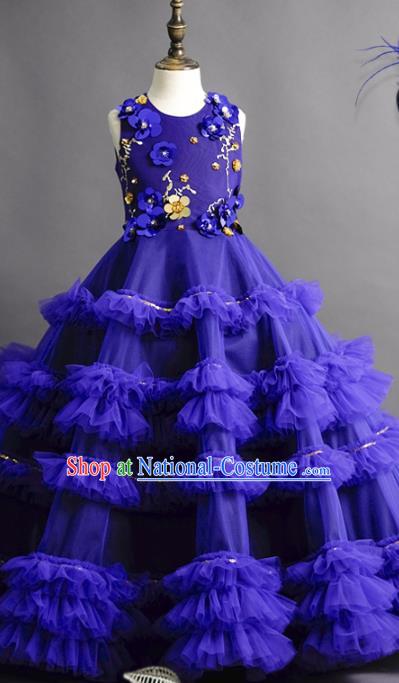 Top Children Fairy Princess Royalblue Full Dress Compere Catwalks Stage Show Dance Costume for Kids