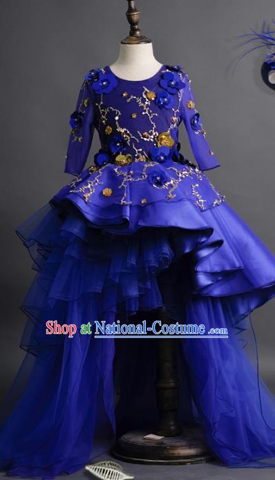 Top Children Fairy Princess Royalblue Veil Trailing Full Dress Compere Catwalks Stage Show Dance Costume for Kids