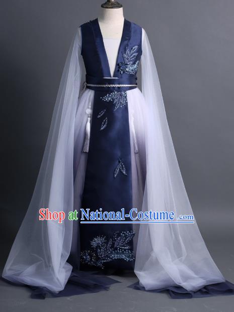 Traditional Chinese Girl Classical Dance Navy Dress Compere Stage Performance Costume for Kids