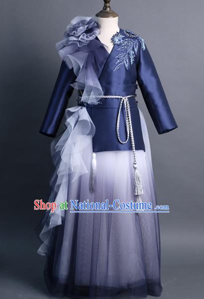 Traditional Chinese Girl Classical Dance Navy Veil Dress Compere Stage Performance Costume for Kids